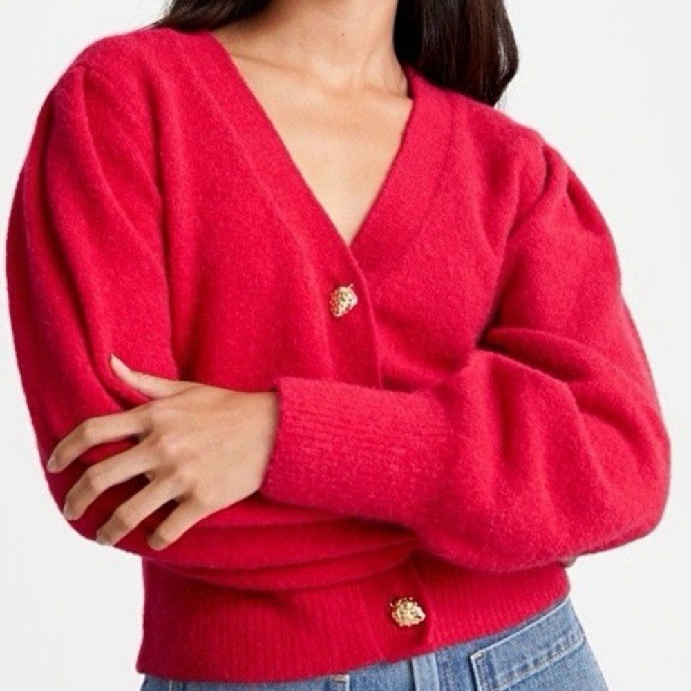 & Other Stories Playful Strawberry Knit Red Wool Puff Ribbed Sleeve Cardigan